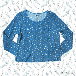 SO Blue Floral Long Sleeve Crop Top